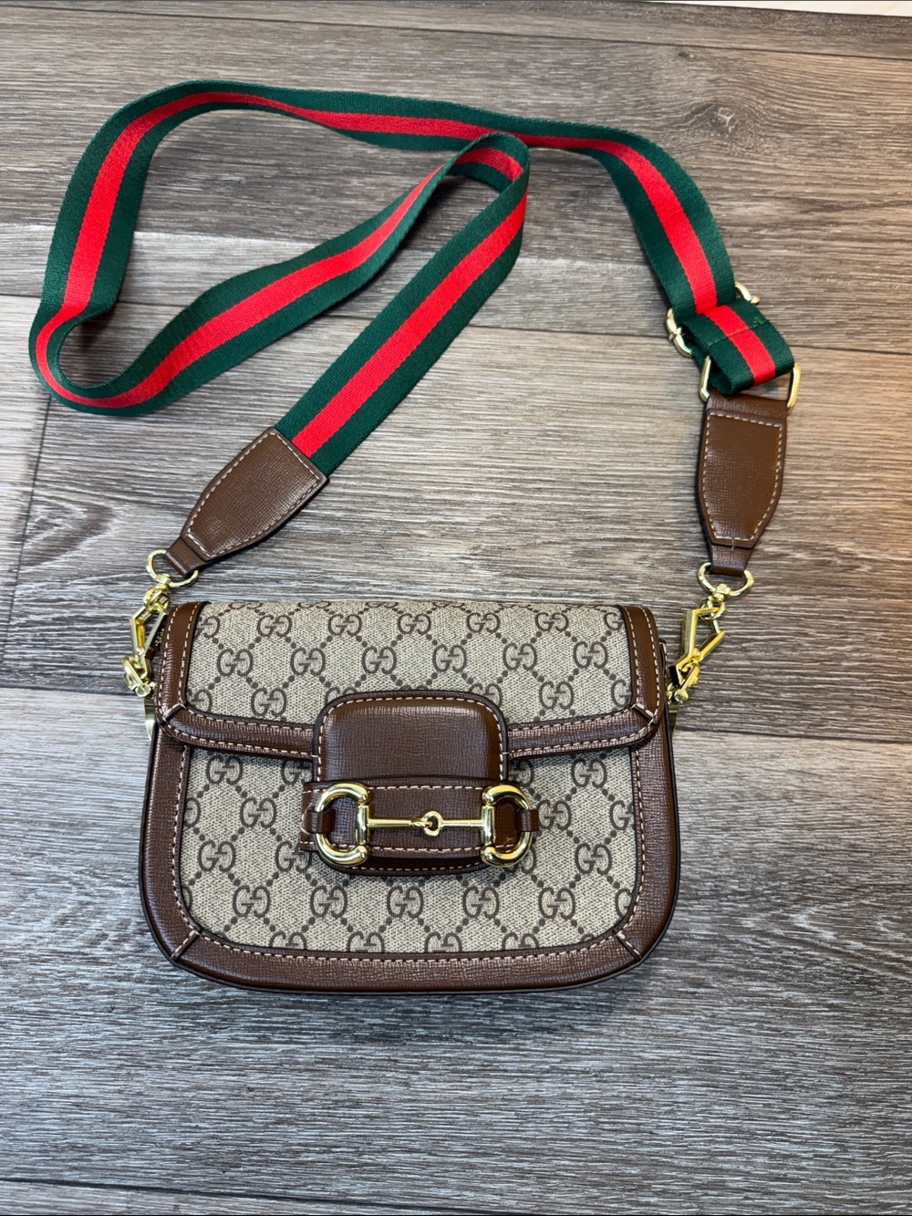 Gucci Brown GG leather Crossbody with Red-Green Web Strap